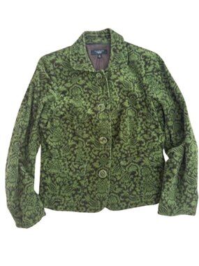 Talbots Vintage Olive Green Patterned Velvet Blazer Womens size 12P cotton
